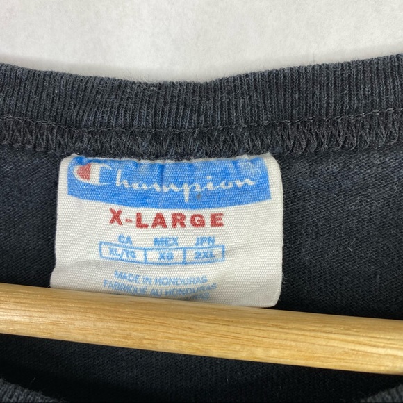 Champion T Shirt Men’s XL Black Short Sleeve Red VTG Style Embroidered Spellout - Picture 4 of 5